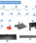 Various hooks, racks, and bins from the Pegboard Wall Organizer Kit 48x36 Inch Heavy Duty Metal Pegboard With Toolboard And 105-Piece Hook Set, Overhead Shelf And Utility Hooks For Garage, Workshop, Basement All In One Storage System.
