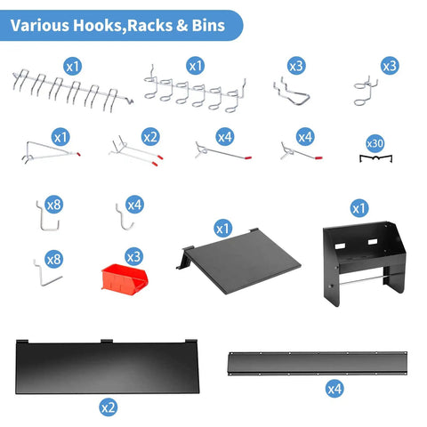 Various hooks, racks, and bins from the Pegboard Wall Organizer Kit 48x36 Inch Heavy Duty Metal Pegboard With Toolboard And 105-Piece Hook Set, Overhead Shelf And Utility Hooks For Garage, Workshop, Basement All In One Storage System.