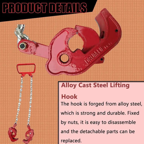 Upgraded Heavy Duty Chain Drum Lifter With 1100 Pound Capacity For Safe Vertical Lift Of 55 Gallon Steel Barrels, close-up of alloy cast steel hook.