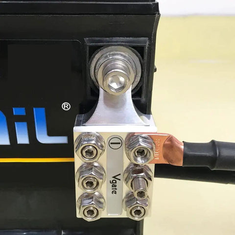 Heavy Duty 12 Way Terminal Distribution Block Bus Bar For Lithium And Agm Batteries with multi-connectors attached.