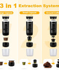 3 in 1 Extraction System for Portable Espresso Machine Featuring Self Heating System And 20 Bar Pressure Extraction.