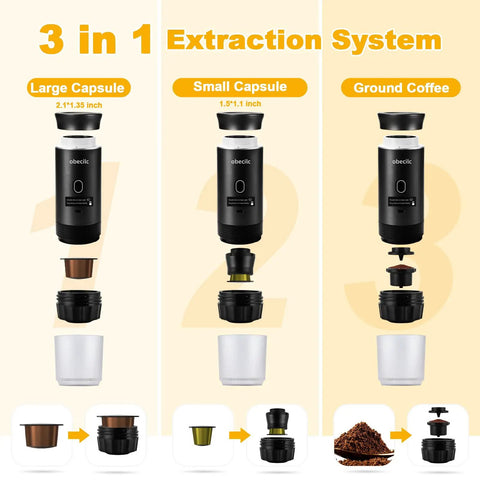 3 in 1 Extraction System for Portable Espresso Machine Featuring Self Heating System And 20 Bar Pressure Extraction.