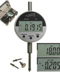 Digital Electronic Indicator Gauge 0 To 1 Inch With 0.0005 Inch Resolution Absolute And Incremental Modes Inch To Metric Conversion Includes Four Probes Carbide Ball Large Flat Small Flat Point Large LCD Display Flat Back Or Lug Back front view with case and probes