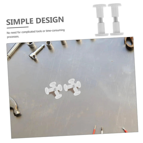 No Sweat Furniture Assembly Hardware 50 Piece Clamp Nut And Connecting Screw Kit For Tables Chairs And Cabinet Projects Hassle Free Setup Solid Wood Joints displayed with white zinc plated fasteners on a work surface.