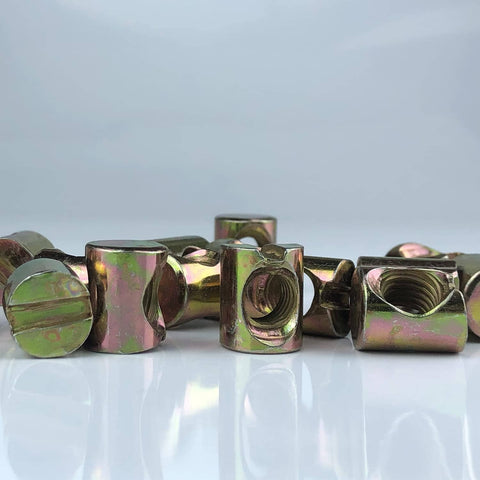 Close-up of 10 pack zinc plated M8 barrel nuts with slotted cross dowels for bolts, 11.5mm diameter, 14.5mm length.
