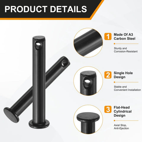 4-Pack M6x40mm Single Hole Clevis Pins Black For Quick, Heavy-Duty Assembly And Solid Rigging In Machinery, Farm Equipment, Aviation, Construction, Shipbuilding, And DIY Projects, black steel pin detail