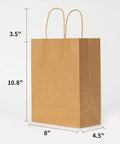 Brown Kraft Gift Bags With Handles 5x3x8.25 Inches Bulk Pack 750 Small Paper Bags For Gifting Retail Use Wedding Favors Birthday Party Decor Valentines Day Bags Grocery Shopping shown with dimensions.