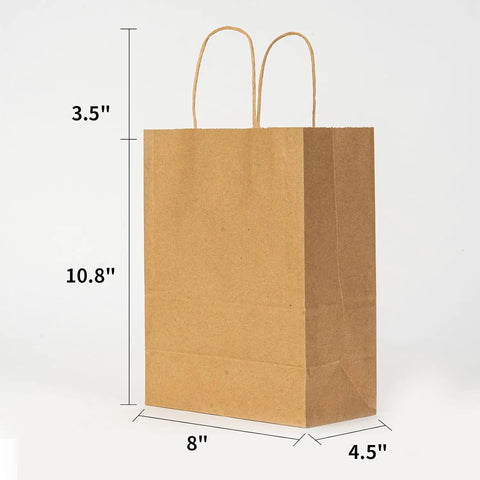 Brown Kraft Gift Bags With Handles 5x3x8.25 Inches Bulk Pack 750 Small Paper Bags For Gifting Retail Use Wedding Favors Birthday Party Decor Valentines Day Bags Grocery Shopping shown with dimensions.