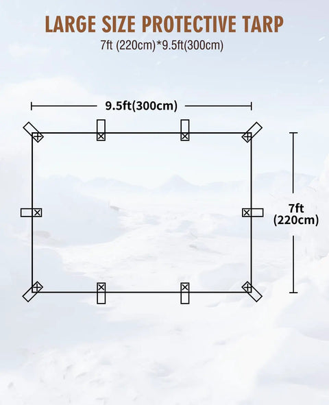 Diagram of Tough As Nails Heavy Duty 20 Mil Waterproof Tarp 7 By 9 Point 5 Ft Black Oxford Fabric with dimensions and loops.