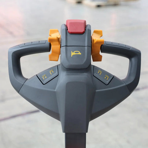 Control handle of 4400 Lbs Heavy Duty Electric Pallet Jack With Extended 6-8 Hour Runtime For All Day Warehouse Work.