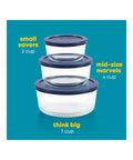 Glass Food Storage Containers Set With Lids 3 Pack 2 Cup 4 Cup 7 Cup BPA Free, stacked with blue lids on blue background.