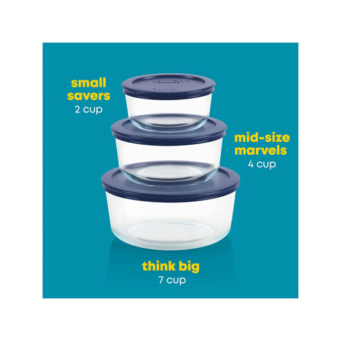 Glass Food Storage Containers Set With Lids 3 Pack 2 Cup 4 Cup 7 Cup BPA Free, stacked with blue lids on blue background.