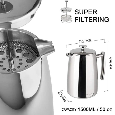 1.5 Liter 304 Stainless Steel French Press Coffee Maker Built To Last With Insulated Double Wall And Extra Screen for bold coffee