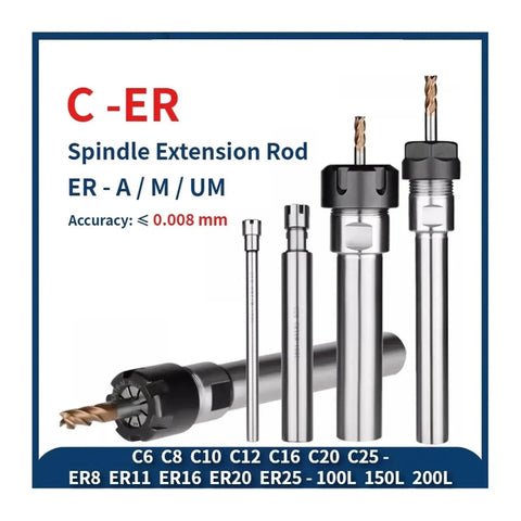 Spindle Extension Rod With ER Collet For Milling Machine And Lathe showcasing various sizes and accuracy for precision cutting.
