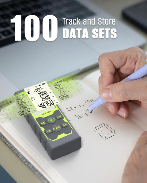 High Precision Laser Distance Meter With Angle Sensor Pro Grade DIY Friendly Tool 328 Feet Range 100 Meters Multi Unit Switching Meters Inches Feet And Feet Inches For Length Area Volume And Pythagorean Modes Battery Included on desk