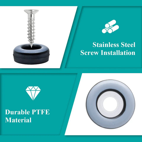 Close-up of 24 Pack Screw On Furniture Sliders With Screws Three Quarter Inch Round Teflon Chair Leg Slides, gray and black.