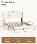 Queen Size Bed Frame With Wingback Headboard Upholstered In Beige Corduroy Fabric Plush Comfortable Bedroom Furniture Total Game Changer For Your Sleep Space Dang Cozy And Built To Last dimensions showing height and width