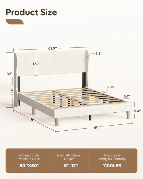 Queen Size Bed Frame With Wingback Headboard Upholstered In Beige Corduroy Fabric Plush Comfortable Bedroom Furniture Total Game Changer For Your Sleep Space Dang Cozy And Built To Last dimensions showing height and width