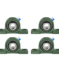 4 Pack UCP205-14 Pillow Block Bearing With 7/8 Inch Bore, Solid Cast Iron Base Mounted Housing, Self Aligning Insert Bearing Block For Smooth, Low Friction, Quiet Operation In Machinery And Conveyor Setups. Four green pillow block bearings with 7/8 inch bore