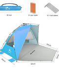 XXLarge Beach Tent Sun Shelter For 5 To 6 People Instant Pop Up Beach Shade Portable with carry bag and stakes shown