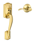 Camelot Front Entry Handleset With Right Hand Accent Lever And Lower Half Grip In Bright Brass Finish on white background