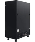 Two Door Merchandiser Freezer With Forty Five Cubic Feet Of Cold Storage And Straight Up Heavy Duty Powder Coated Steel Construction Featuring Smooth Rolling Casters For Easy Maneuvering In Any Store Layout Today, side view.