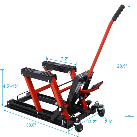 No Sweat Heavy Duty Hydraulic Motorcycle Lift Jack 1500 Lb Capacity Rock Solid Scissor Stand Foot Pedal Smooth Glide Roller For Bikes Atvs And Cruisers Non Slip Base
