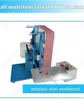 Built Tough Dual Position Bench Belt Sander And Electric Polisher With Smooth Variable Speed Control Up To 5000 RPM And Five Heavy Duty Belts For Quick Sharpening Tasks on stainless steel workbench.
