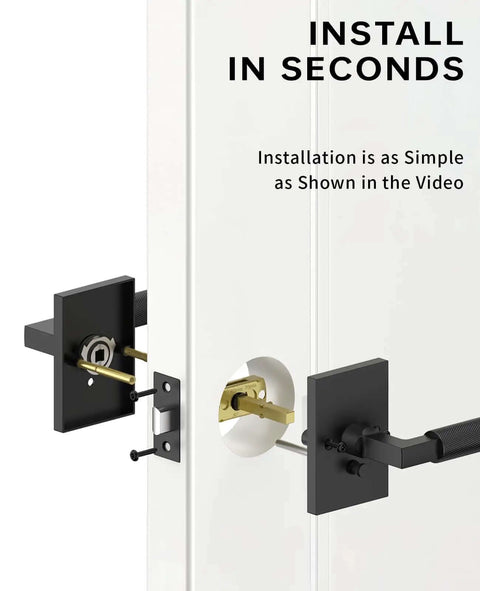 Black Privacy Door Handle Set With Keyless Interior Lock installation demonstrated on a white door