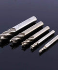 Set of five 4-flute HSS end mills with straight shanks, 4–12 mm, for CNC milling (Amazon).