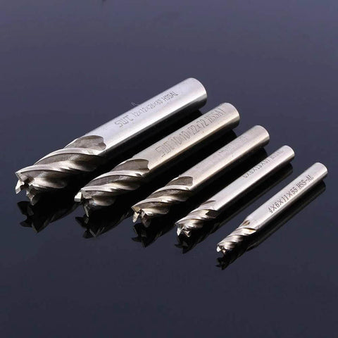 Set of five 4-flute HSS end mills with straight shanks, 4–12 mm, for CNC milling (Amazon).