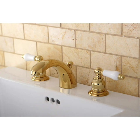 Victorian Style Mini Widespread Bathroom Faucet With Polished Brass And Old School Charm Solid Brass Construction