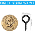 Heavy Duty Black Screw Eyes One Inch Iron Loop Hooks For Diy Crafts And Photo Display Real Deal Hanging Hardware Pack Of 150 shown next to a coin for size reference.
