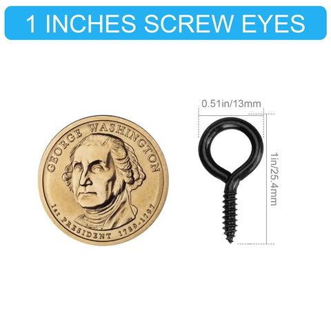 Heavy Duty Black Screw Eyes One Inch Iron Loop Hooks For Diy Crafts And Photo Display Real Deal Hanging Hardware Pack Of 150 shown next to a coin for size reference.