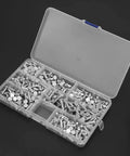 Rivet Hammer And Aluminum Flat Rivets Kit, 350 Piece Assortment, organized in a storage box, includes various lengths of rustproof fasteners.