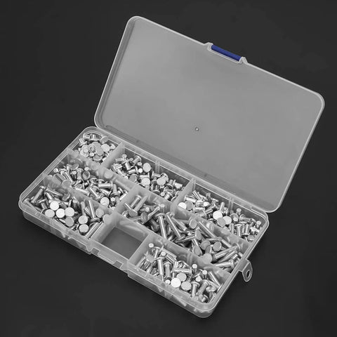 Rivet Hammer And Aluminum Flat Rivets Kit, 350 Piece Assortment, organized in a storage box, includes various lengths of rustproof fasteners.