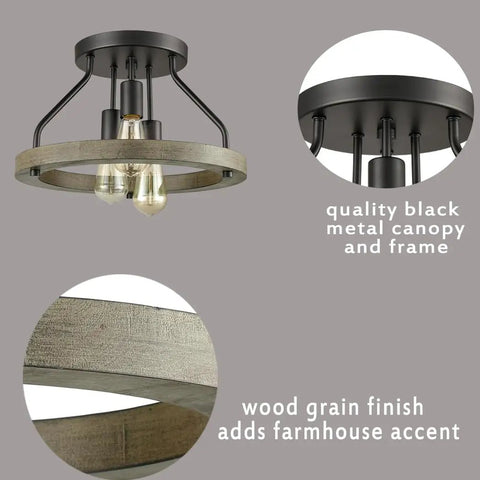 Farmhouse Flush Mount Ceiling Light With Metal And Wood Open Frame, E26 LED Compatible, 3 Light Fixture, 15.7 Inch Diameter, Perfect For Bedroom, Living Room, And Hallway, ETL Listed For Dry Locations