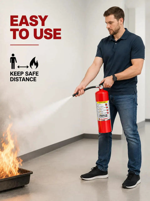 Hella Tough 5 Pound Abc Dry Chemical Fire Extinguisher With Class 3A40Bc Rating used to put out fire safely indoors.