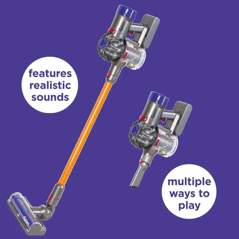 Officially Licensed Interactive Cordless Vacuum Toy For Kids showing short nozzle and long handle, purple and orange