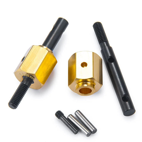 Four Brass 13mm Extended Wheel Hubs With Steel Stub Axles For 1 Tenth RC Crawler Upgrades Wider Track Width For AXIAL SCX10 III Gladiator Bronco Wrangler Fits AXI03007 AXI03027 AXI03006B Durable Brass And Steel Build