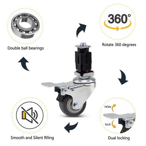 2 Inch Plug In Casters Heavy Duty Silent Rolling Wheels Four Pack features double ball bearings, rotating 360 degrees and dual locking.