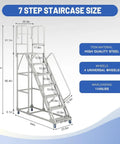 Badass Heavy Duty Seven Step Rolling Ladder With Reinforced Steel Handrails And Easy Glide Wheels For Warehouse Garage Storage Access 1500 LB Capacity Non Slip Platform That Handles Loads Like A Dream dimensions illustration showing size and features.