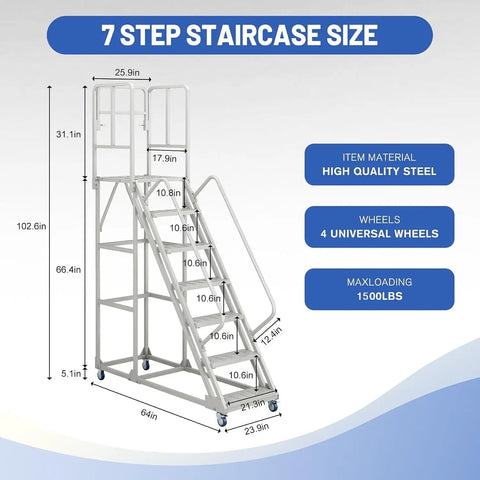 Badass Heavy Duty Seven Step Rolling Ladder With Reinforced Steel Handrails And Easy Glide Wheels For Warehouse Garage Storage Access 1500 LB Capacity Non Slip Platform That Handles Loads Like A Dream dimensions illustration showing size and features.