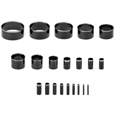 Leather Circle Cutter Tool Set With 21 Piece Pro Grade High Carbon Steel Punch Kit displayed in various round sizes