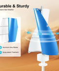 100W 12V Permanent Magnet Vertical Wind Turbine Kit With Controller Dope Quiet Helical Blade Design Low Noise Windmill Home Boat Hybrid Wind System Easy Install White And Blue showing durable aluminum blades in desert setting.