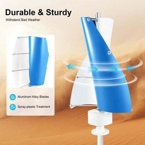 100W 12V Permanent Magnet Vertical Wind Turbine Kit With Controller Dope Quiet Helical Blade Design Low Noise Windmill Home Boat Hybrid Wind System Easy Install White And Blue showing durable aluminum blades in desert setting.