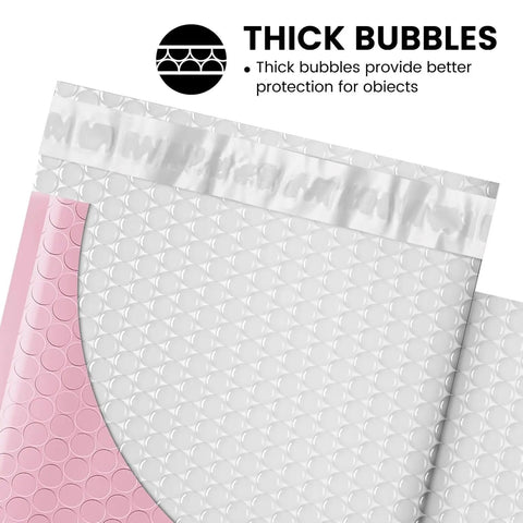 Close-up of light pink bubble mailers 6x10 inches, 100 pack self seal padded envelopes showing thick bubbles