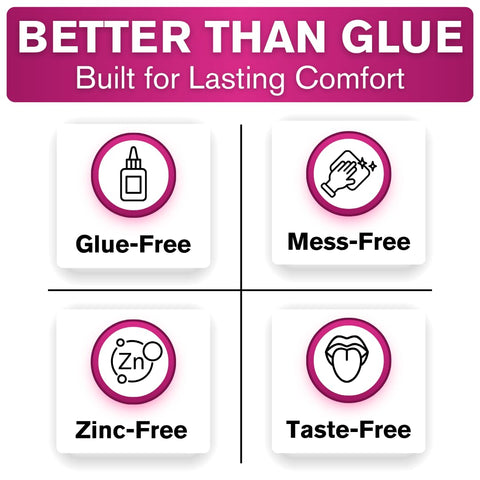Thermoplastic Denture Adhesive That Refits And Tightens Loose Dentures For A Long Lasting Snug Fit That Keeps Them From Slipping And Cushions Gums While Acting Like A Soft Reliner Prevents Food From Underneath Waterproof And Zinc Free 1 Oz features mess-free, glue-free, zinc-free, taste-free benefits icons