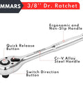 Top Shelf 3/8 Inch Drive Ratchet Wrench Crafted From Premium Chrome Vanadium Steel, ergonomic, with quick release and switch buttons.