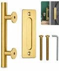 11.5 Inch Barn Door Handle Set With Dual Action Exterior Grip And Two Sided Interior Pull, Heavy Duty Steel Construction In Brushed Brass Gold Finish, Sliding Door Hardware Kit For Wood Doors And Closets. Handle set with screws and hex key
